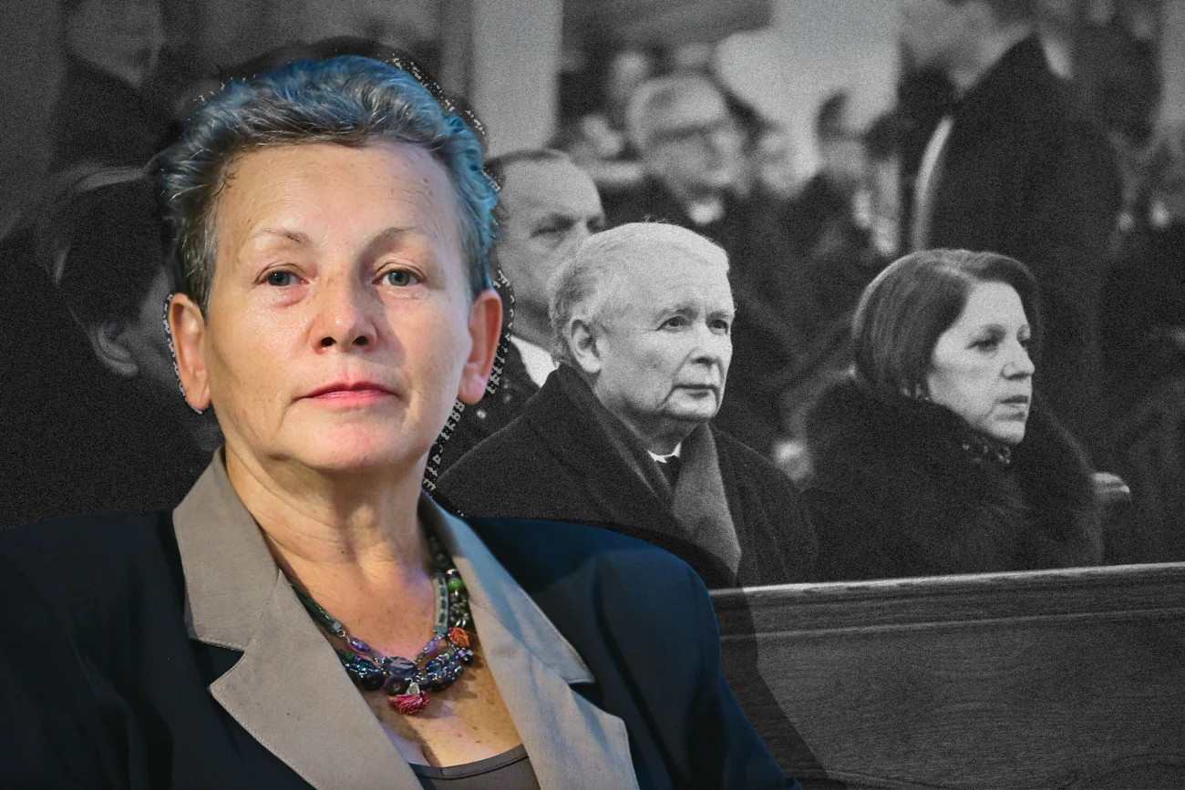 Prof. Monika Płatek. W tle Jarosław Kaczyński i Barbara Skrzypek.