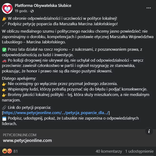 Kuriozalna petycja lokalnej PO ws. marszałka. Wpis nagle został usunięty