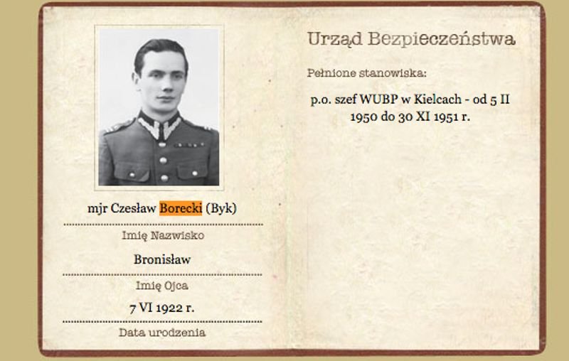 Czesław Borecki był m.in. zastępca szefa Wojewódzkiego Urzędu Bezpieczeństwa Publicznego w Kielcach; szefem UB w Zielonej Górze, Łodzi