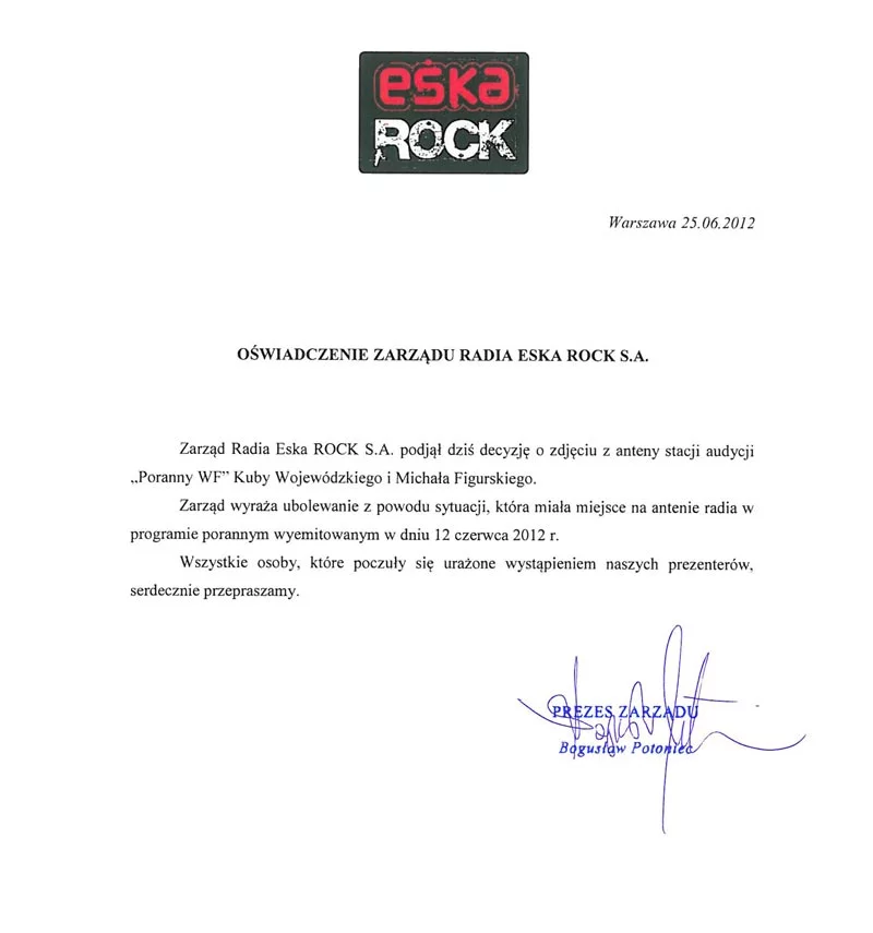 Oświadczenie radia Eska Rock w sprawie Kuby Wojewódzkiego i Michała Figurskiego
