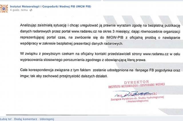 IMGW tymczasowo pozwolił serwisowi Radareu.cz na wykorzystywanie swoich danych radarowych