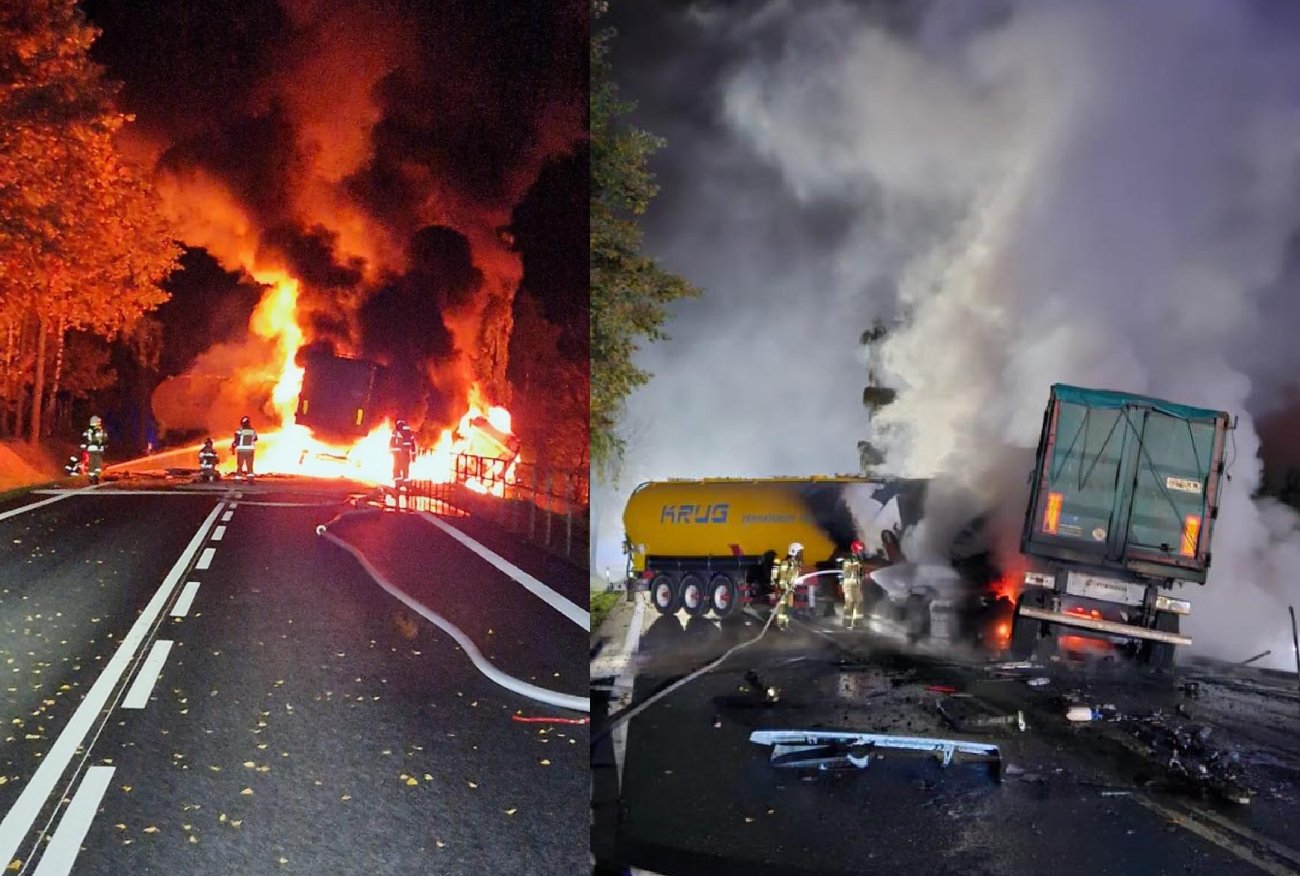Wypadek pod Grójcem. Ciężarówka stanęła w płomieniach, dwie osoby nie żyją.