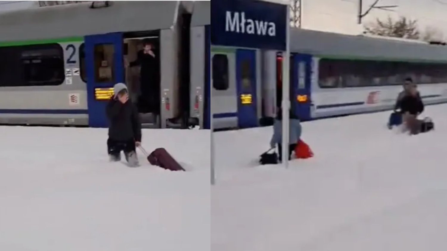 Mława: pasażerowie po pas w śniegu. Koleje się nie popisały pasażerowie brnący w zaspach na dworcu w Mławie