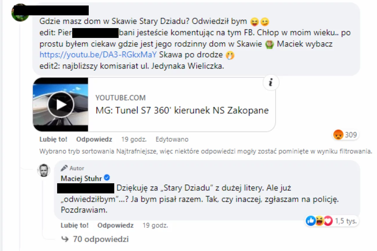 Maciej Stuhr ostro reaguje na komentarz internauty. "Zgłaszam na policję"