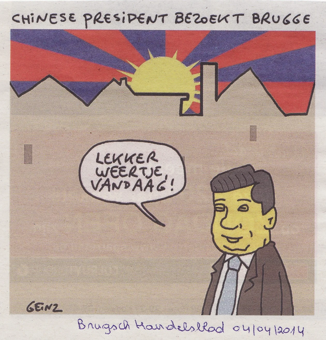 Rysunek z brugijskiej gazety Brugsch Handelsblad, 4 kwietnia 2014 r. napis brzmi: "Chiński Prezydent odwiedza Brugię. Ładna dziś pogoda".