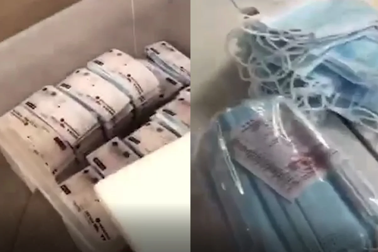 Po lewej opakowania "polski produkt", po prawej maseczki z azjatyckimi napisami przed przepakowaniem.