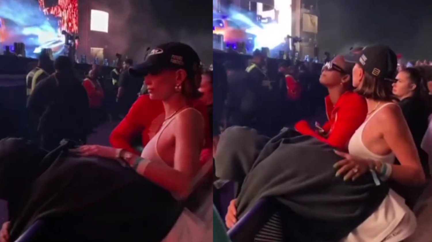 Justin Bieber opiera się o barierki, a Hailey głaszcze go po plecach.