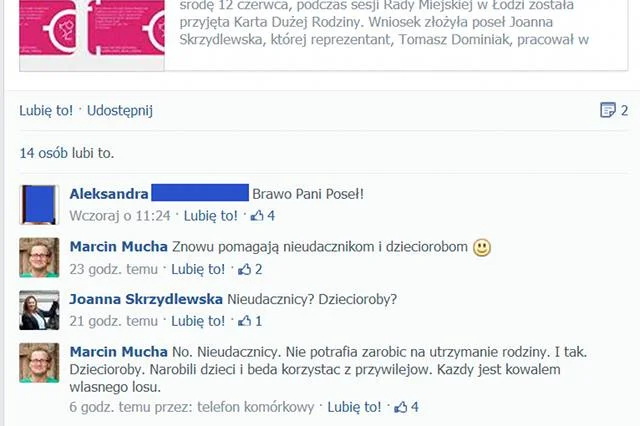 Fragment rozmowy, jaka wywiązała się pod wpisem o Karcie Dużej Rodziny