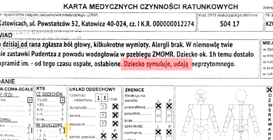 Karta medyczna w której lekarz napisał, że dziecko symuluje. TVN Uwaga