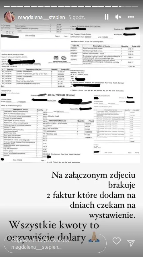 Faktury z kliniki w Izraelu, które opublikowała Stępień.