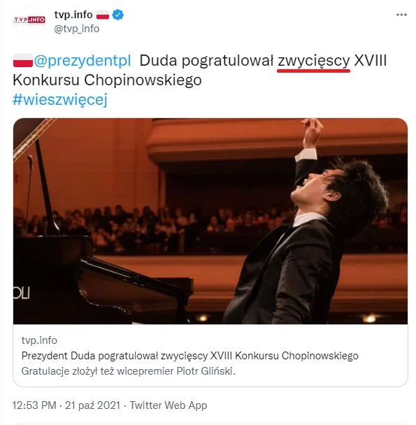 TVP Info o tym, że prezydent Duda pogratulował zwycięzcy Konkursu Chopinowskiego.
