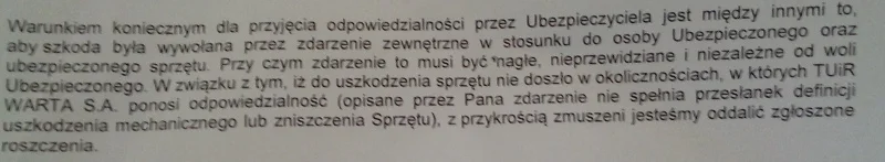 Fragment odpowiedzi z odmową uznania roszczenia za uszkodzony telefon.
