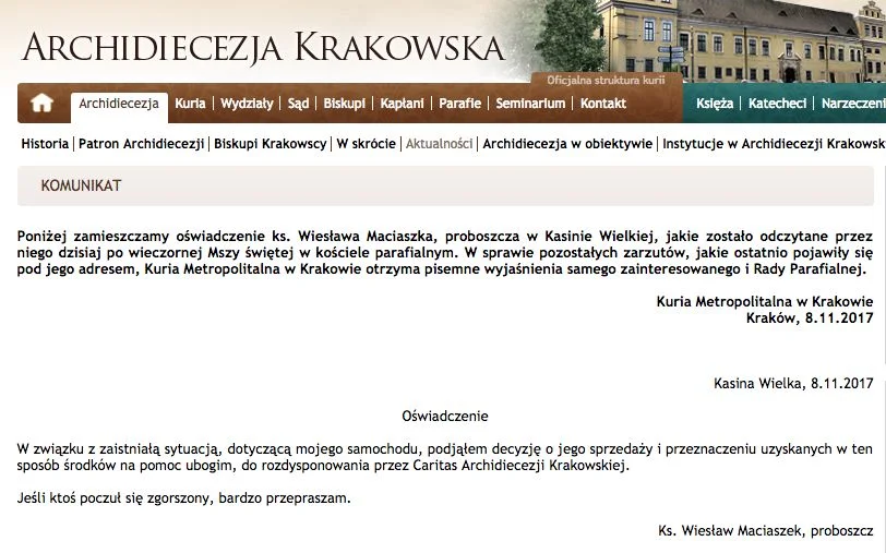 Archidiecezja krakowska zamieściła komunikat, w którym ks. Wiesław Maciaszek obiecuje, że sprzeda Porsche Macana, a pieniądze przekaże na Caritas.