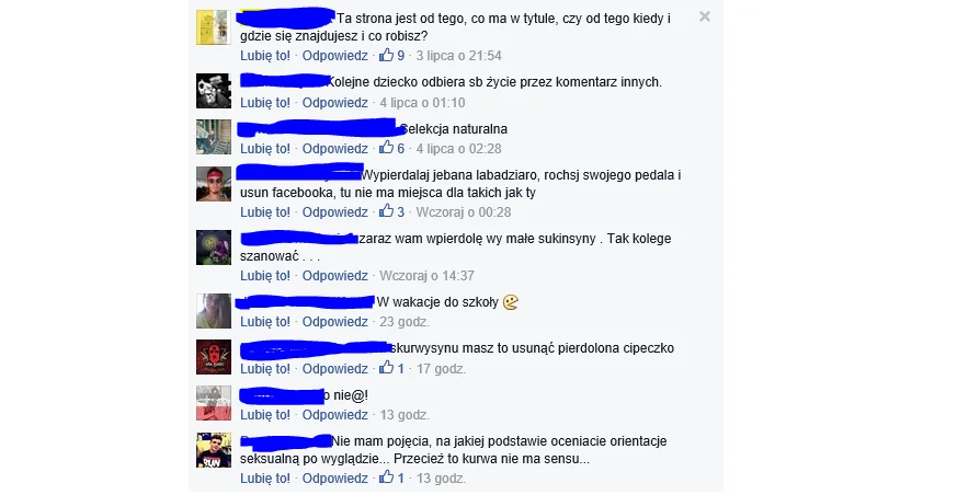Komenatrze na fanpage'u powstałym po samobójstwie chłopca