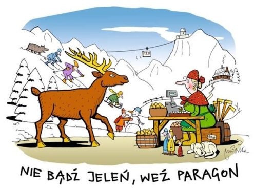 Rysunek Andrzeja Mleczki promujący akcję "Nie bądź jeleń, weź paragon"