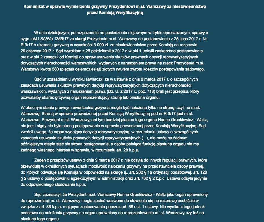 Komunikat w sprawie wymierzenia grzywny Prezydentowi m.st. Warszawy za niestawiennictwo przed Komisją Weryfikacyjną.