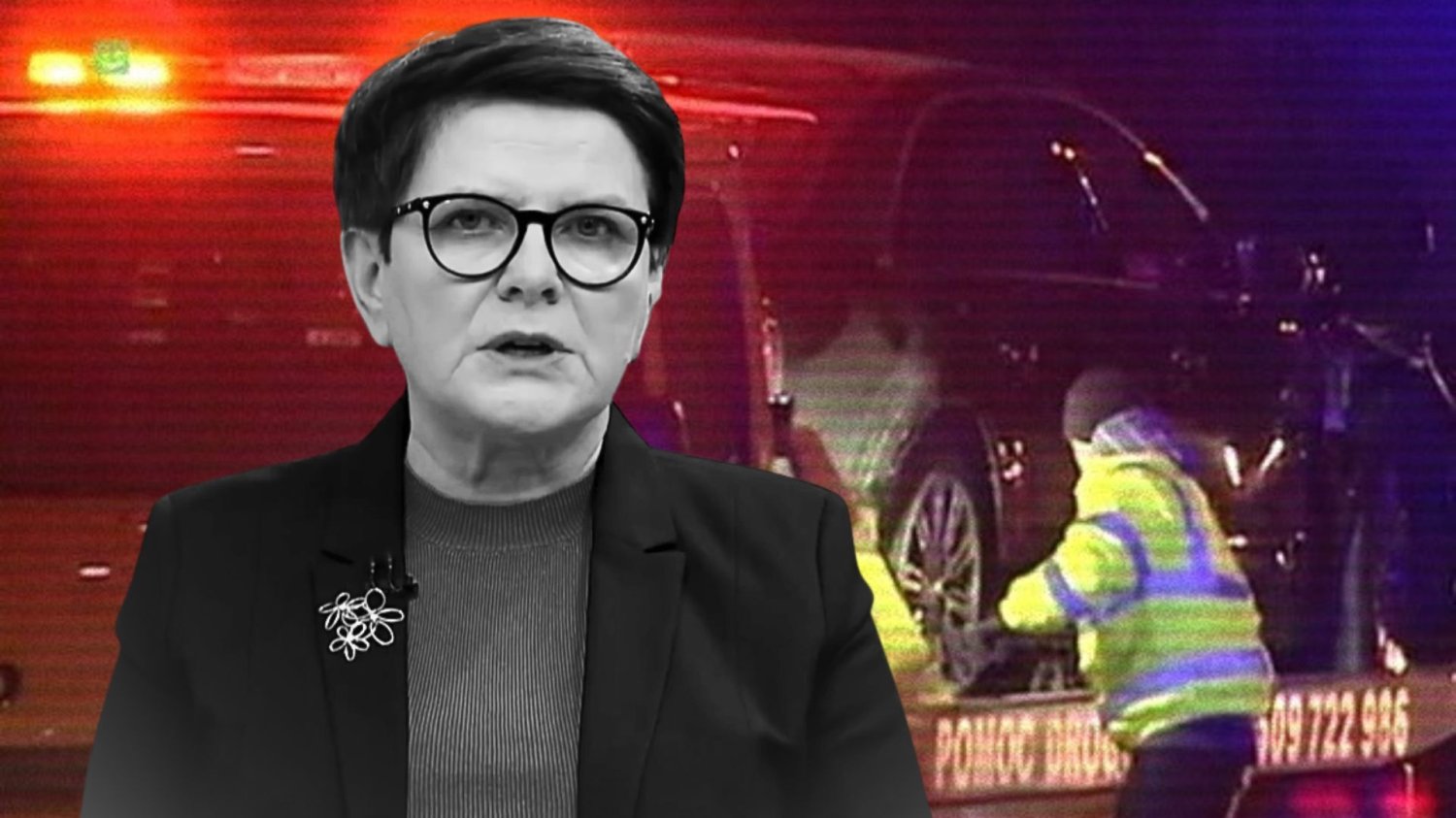 Beata Szydło, w tle samochód z rządowej kolumny wiozącej Beatę Szydło (po wypadku)