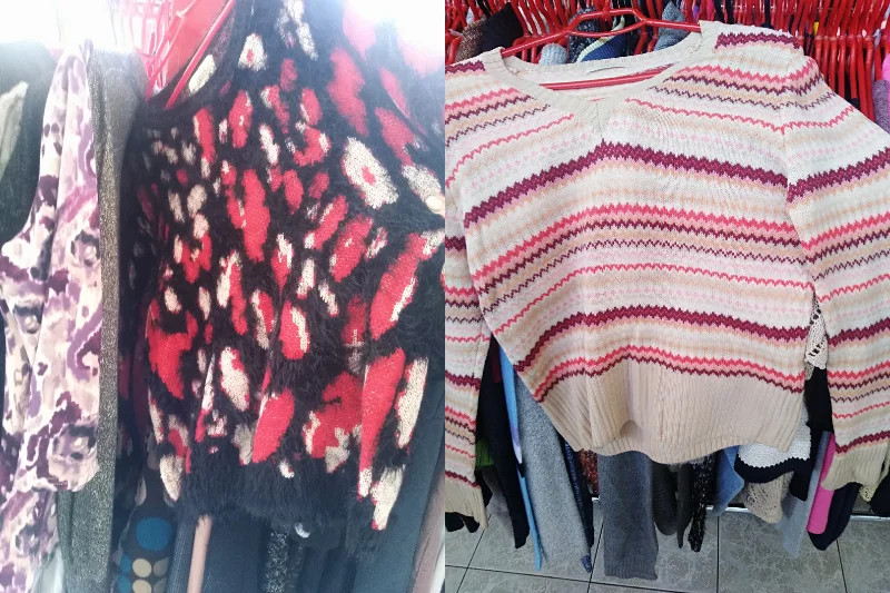 Sweterki stylizowane na vintage w lumpeksie na Puławskiej