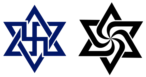 Symbole raelizmu. Po prawej wersja "złagodzona" dla oka Żydów i europejczyków