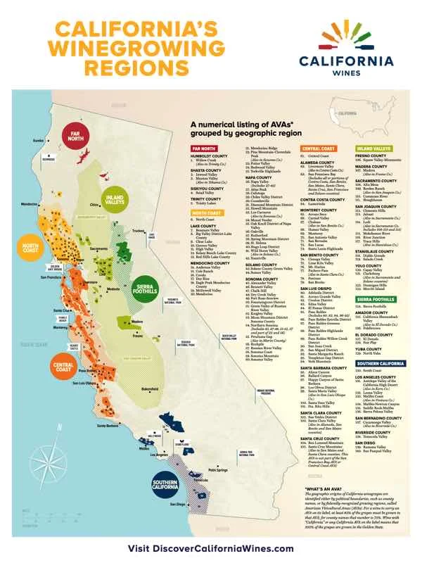 Mapa regionów winiarskich w Kalifornii, USA.