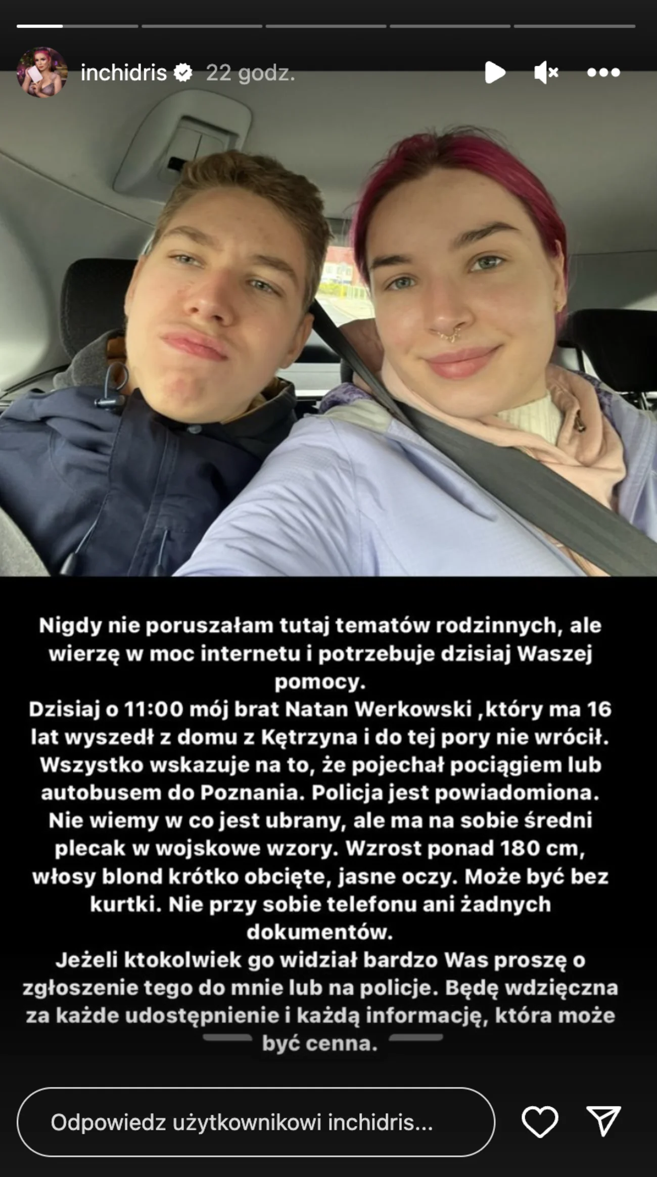 Inchidris apeluje do swoich fanów o pomoc. Zaginął jej młodszy brat