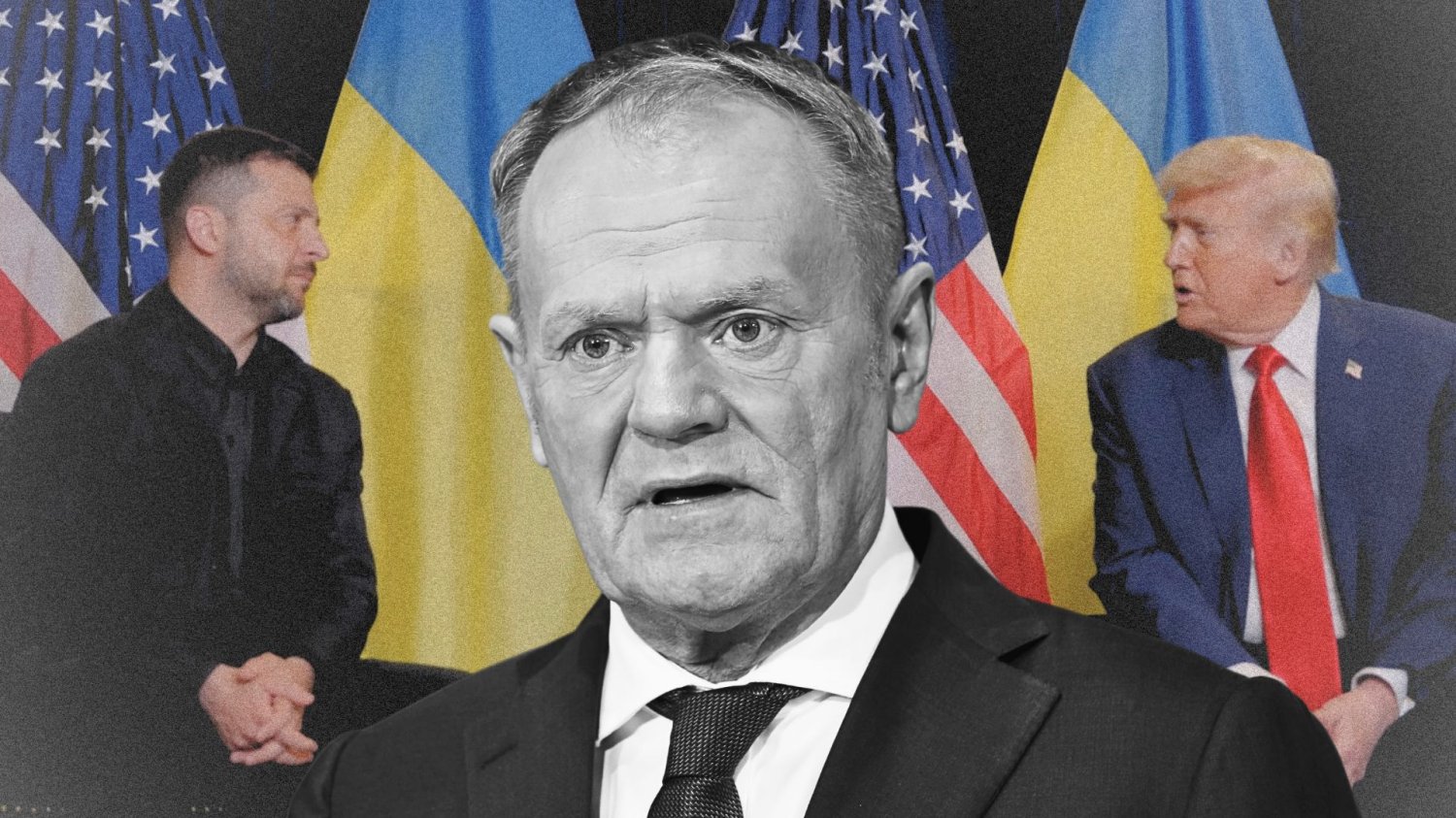 Donald Tusk przestrzega, że do finału rozmów pokojowych ws. Ukrainy daleko. Donald Tusk. W tle Wołodymyr Zełenski i Donald Trump