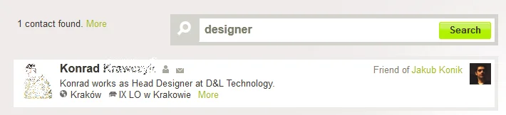 Wyniki z listy kontaktów po wyszukaniu frazy „designer”