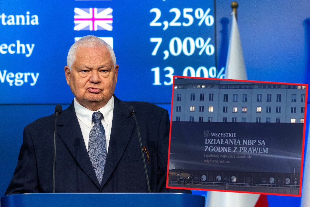 Nowy baner na siedzibie NBP. Zdjęcie z tym hasłem jest obiektem drwin