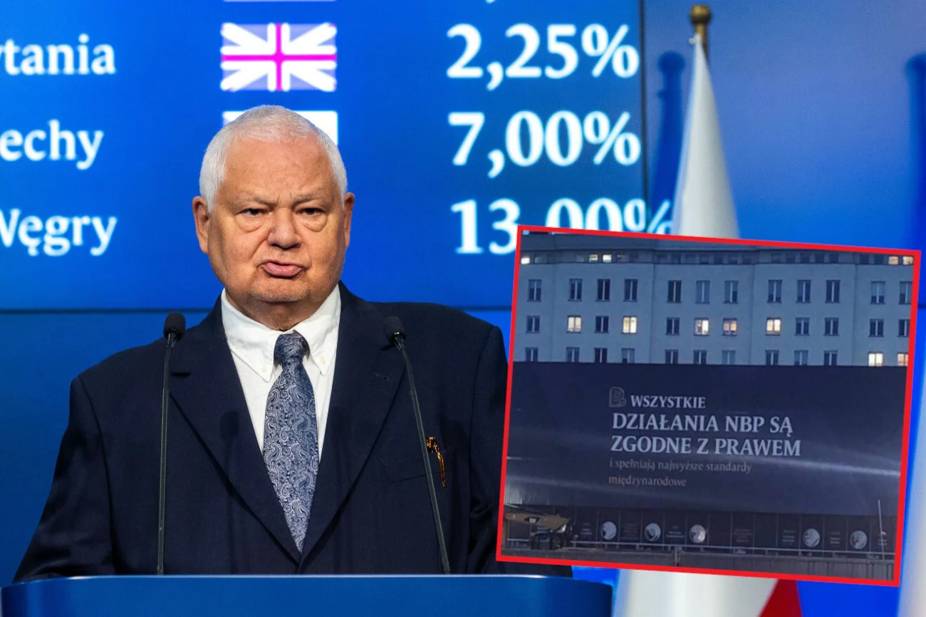 Nowy baner na siedzibie NBP. Zdjęcie z tym hasłem jest obiektem drwin