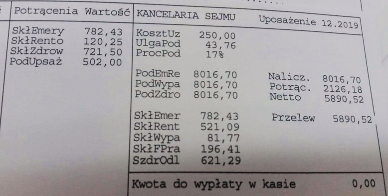 Ile zarabia szeregowy poseł? Jeden z parlamentarzystów pokazał wyciąg swojej pensji.