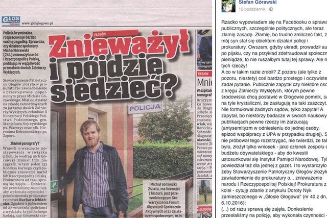 24-letni działacz społeczny z Głogowa zapytał o przeszłość żołnierzy wyklętych, rozwścieczył lokalnych patriotów.