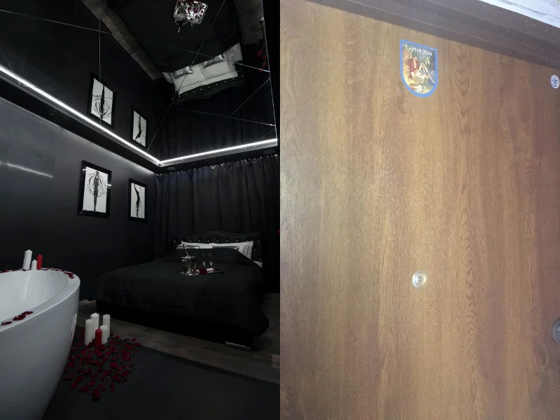 Apartament znajduje się w zwykłym bloku mieszkalnym. Na zdjęciu po prawej drzwi sąsiadujące z Room 69.