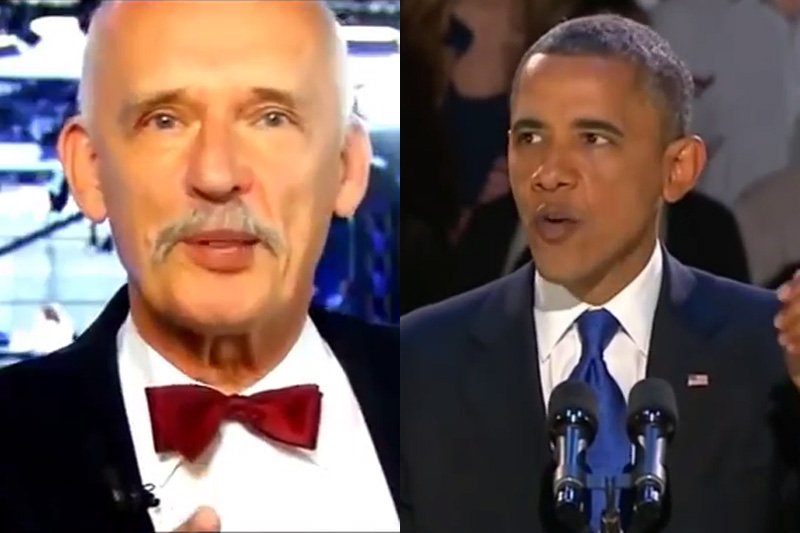 Janusz Korwin-Mikke ostro krytykuje lewicowe poglądy Baracka Obamy, ale nie przeszkadza mu to reklamować się w ten sam sposób. Dokładnie ten sam.
