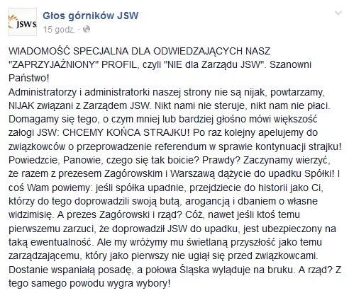 Na Facebooku powstał profil "Głos górników"