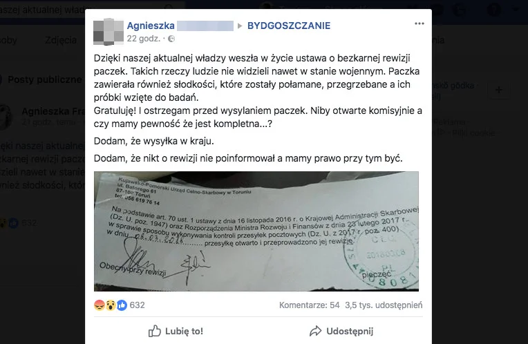 Mieszkanka Bydgoszczy otrzymała paczkę po rewizji służb celno - skarbowych. Jej wpis na Facebooku wywołał wiele emocji.