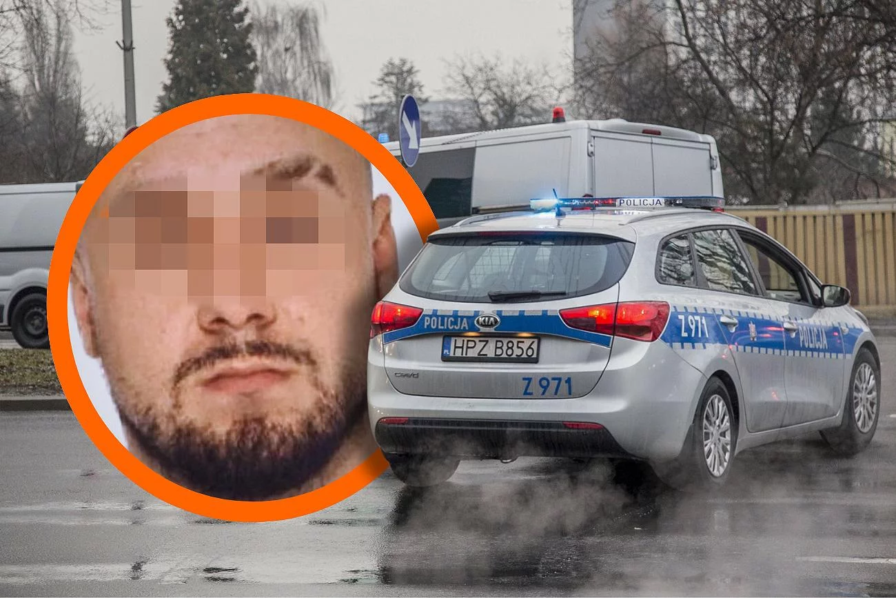 Łukasz Żak. w tle policyjny konwuj po ekstradycji.
