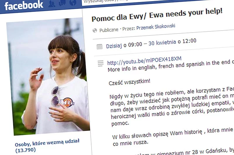 "Pomoc dla Ewy" to akcja, którą na Facebooku wsparły już dziesiątki tysięcy osób. Przyjaciele młodej gdańszczanki walczą o wysłanie jej na operację w Chinach.