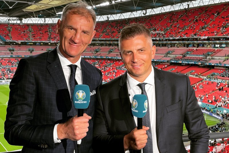 Kazimierz Węgrzyn (z lewej) i Mateusz Borek skomentowali finał Euro 2020 dla TVP Sport