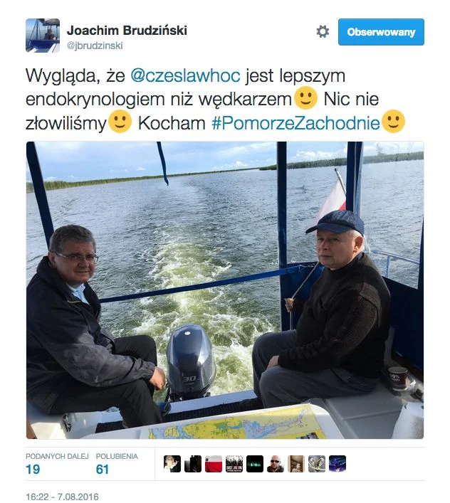 Joachim Brudziński przed rokiem wędkował z prezesem PiS , o czym poinformował na Twitterze.