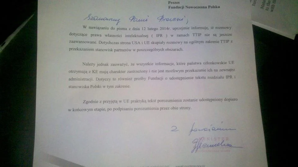 Odpowiedź Ministerstwa Gospodarki na pismo Jarosława Lipszyca w sprawie TTIP