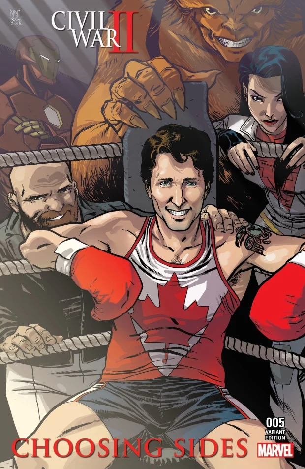 Okładka komiksu Civil War: Choosing Sides #5. W narożniku siedzi Justin Trudeau, premier Kanady. Sekundują mu bohaterowie Marvela: Puck, Sasquatch i Aurora