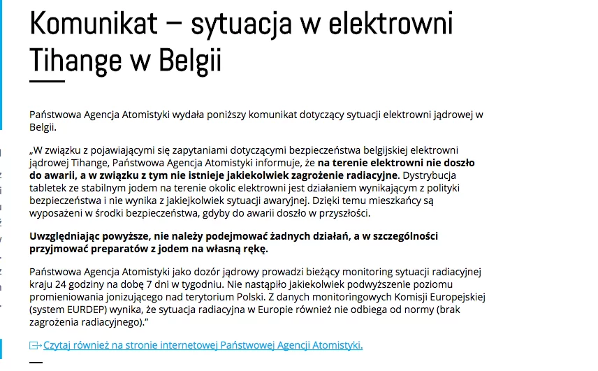 Komunikat polskiego MSZ w sprawie elektrowni Tihange w Belgii
