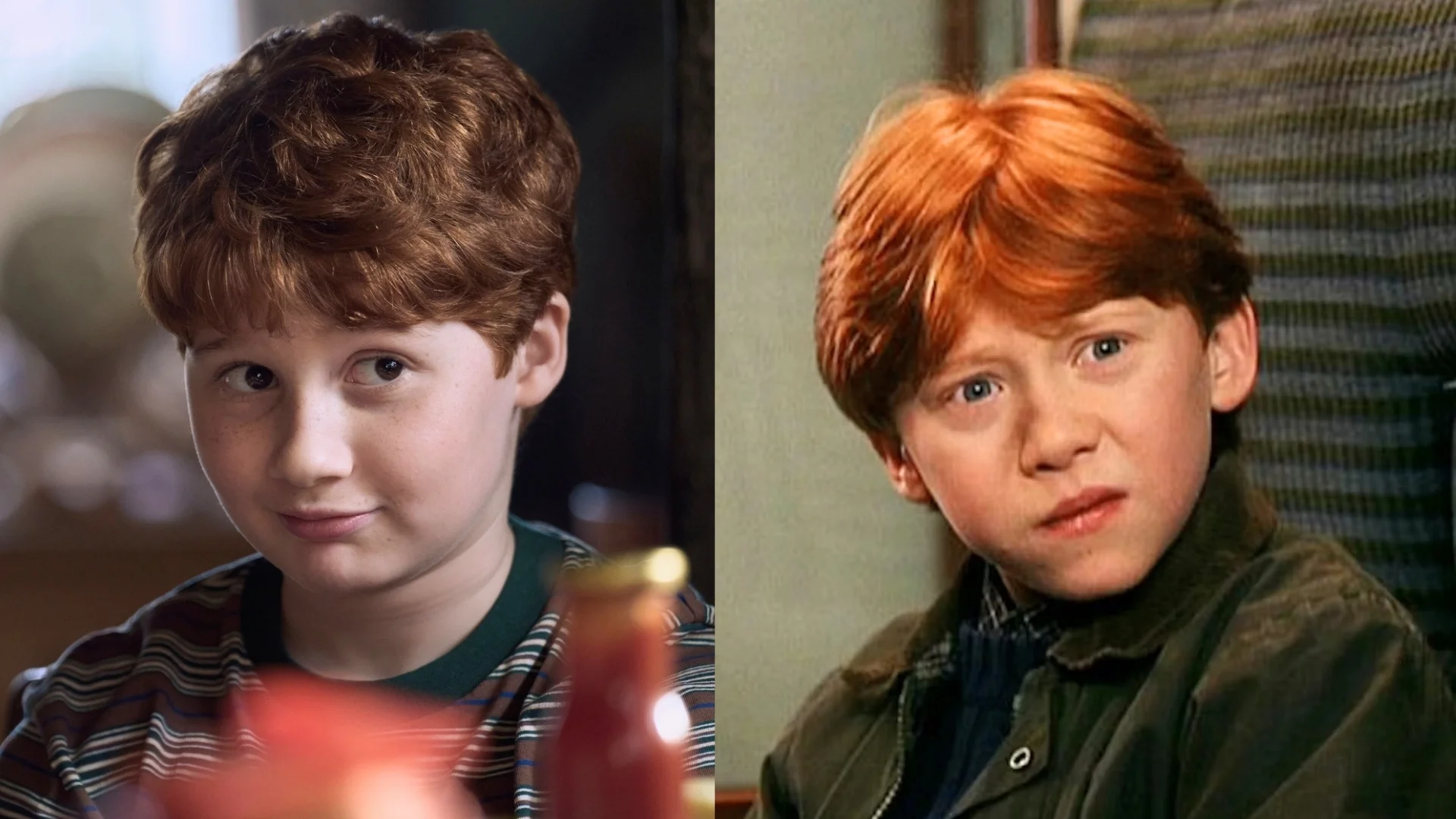 Alastair Stout (po lewej) i Rupert Grint (po prawej) w serialu i filmie "Harry Potter i Kamień Filozoficzny"