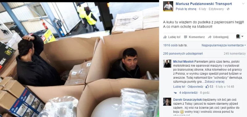 Imigranci w tirze należącym do firmy Mariusza Pudzianowskiego.