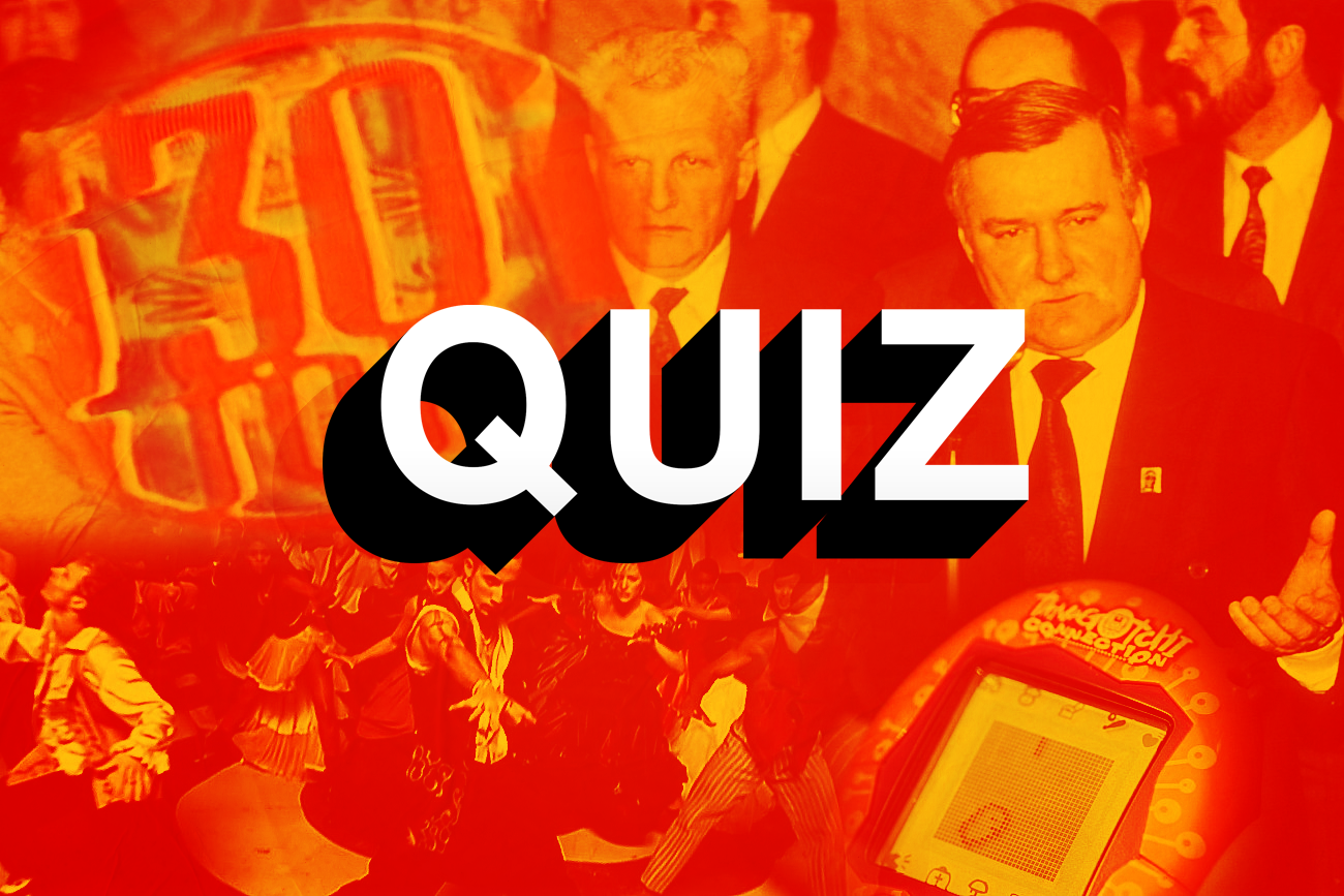 Na zdjęciu symbole quizu lat 90. W tle Lech Wałęsa, logo programu 30 ton, Backstreet Boys i tamagotchi