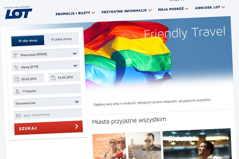 Nowa wersja serwisu LOT "Friendly Travel" przemilcza już fakt, że to oferta skierowana do osób ze środowiska LGBT.