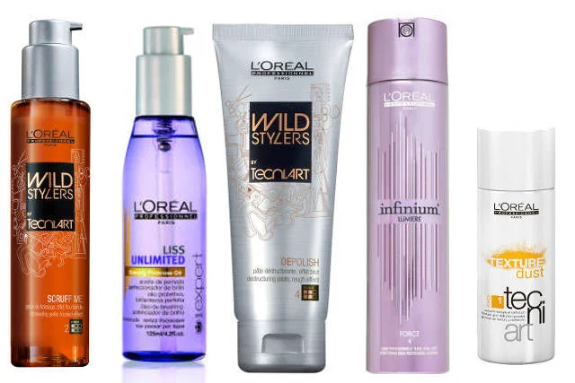 Do loków - żel Scruff Me Wild Stylers. Do wygładzenia - olejek Liss Unlimited, do pogniecionych fal Depolish, do wzmocnienia fal Lumiere Infinium, do odbicia włosów od nasady puder Texture Dust, L'Oreal Professionnel, dostępne w salonach fryzjerskich