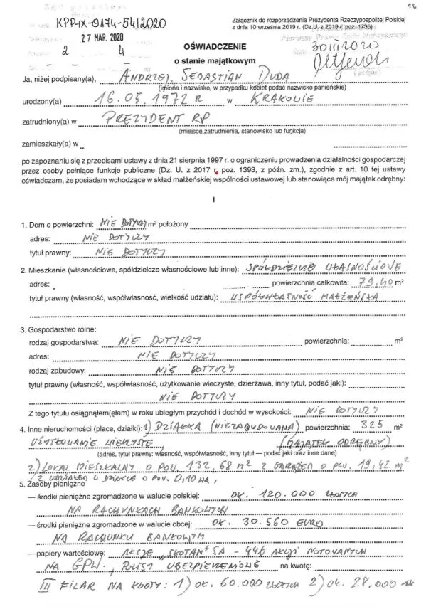 Oświadczenie majątkowe Andrzeja Dudy