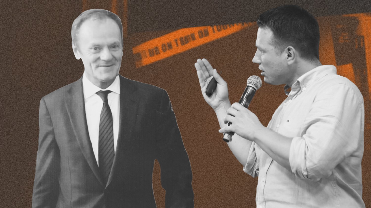 Czy koalicja KO i Konfederacji jest możliwa? Zapytaliśmy posłów obozu władzy. Kartonowa figura Donalda Tuska, do której mówi Sławomir Mentzen na swoim spotkaniu z wyborcami.