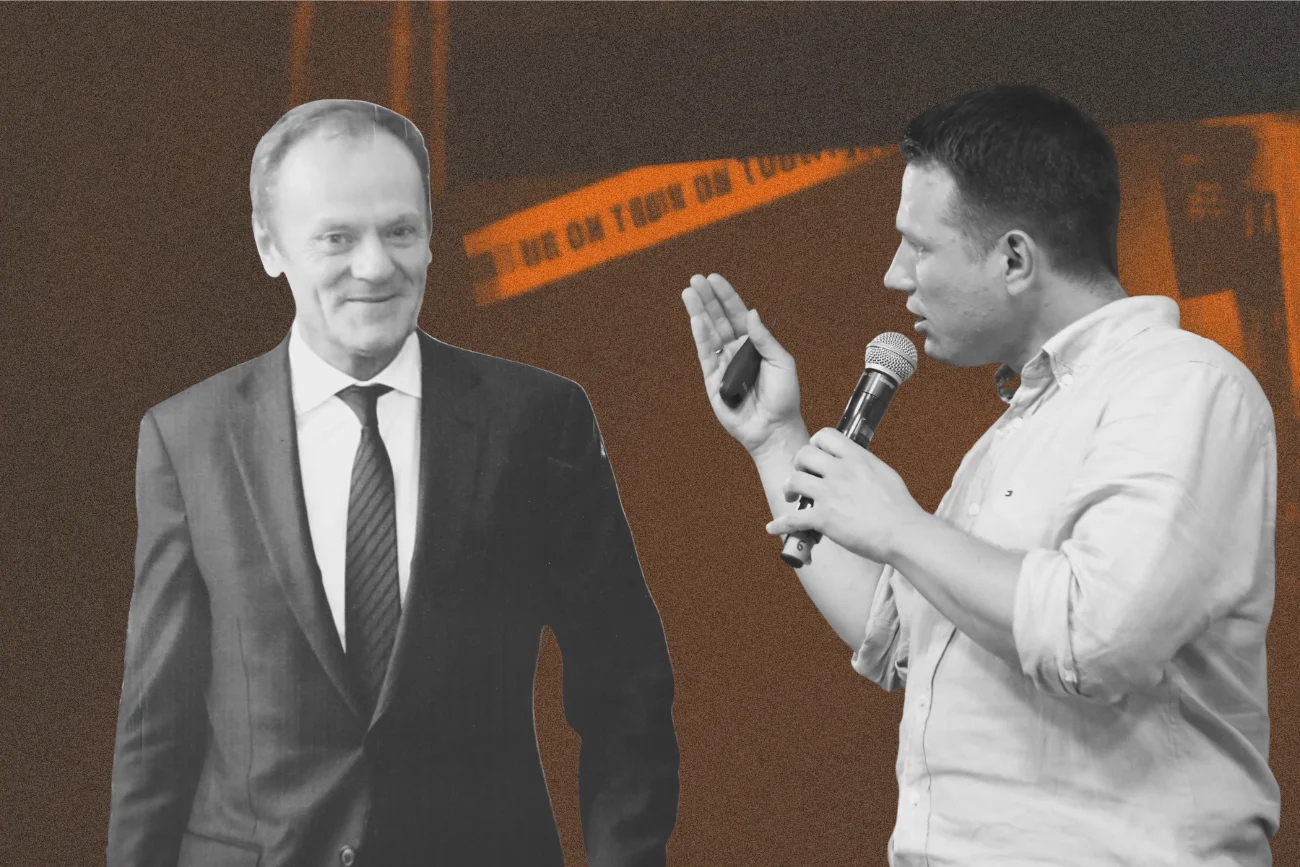 Czy koalicja KO i Konfederacji jest możliwa? Zapytaliśmy posłów obozu władzy. Kartonowa figura Donalda Tuska, do której mówi Sławomir Mentzen na swoim spotkaniu z wyborcami.
